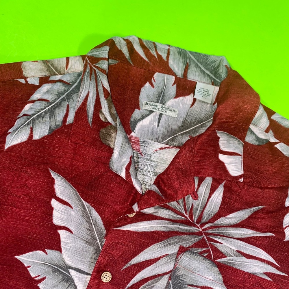 Machine Washable 100% Silk Tropical Palm Leaf Hawaiian Shirt Red Mens XL